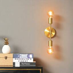 2 Light Brushed Gold Wall Sconce - Modern Minimalist Lighting For Bathroom, Vanity & Hallway Industrial Exposed Bulb Lamp Fixture - thumbnail 3