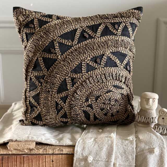 Black Art Silk Jute Laced Abstract Pattern 16x16 Contemporary Throw Pillow Cover - Rebel - image 1