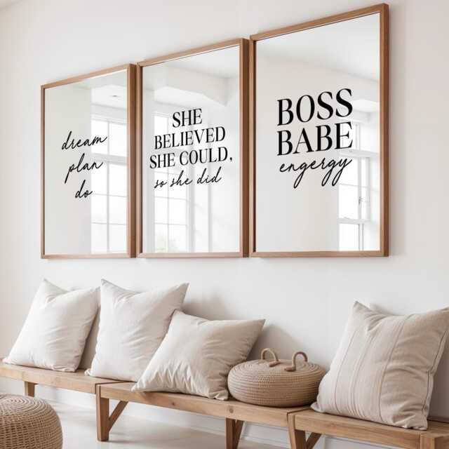 Motivational Wall Art Set Of 3, She Believed Could So Did, Dream Plan Do, Boss Babe Energy Prints, Black & White Decor - image 1
