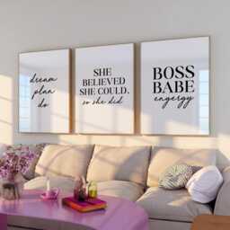Motivational Wall Art Set Of 3, She Believed Could So Did, Dream Plan Do, Boss Babe Energy Prints, Black & White Decor - thumbnail 3