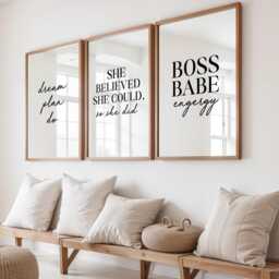 Motivational Wall Art Set Of 3, She Believed Could So Did, Dream Plan Do, Boss Babe Energy Prints, Black & White Decor - thumbnail 1