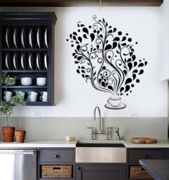 Wall Vinyl Decal Restaurant Kitchen Coffee Tea Flower Floral Decor 2389Di - thumbnail 1