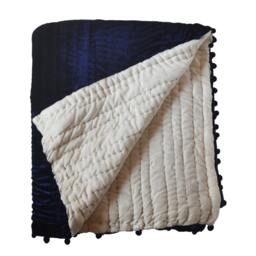 Velvet Comforter, Quilt, 100% Cotton Batting, Navy Ivory Blanket, Queen Quilt Bedspread, King Size With Pompom - thumbnail 2
