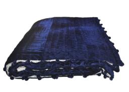 Velvet Comforter, Quilt, 100% Cotton Batting, Navy Ivory Blanket, Queen Quilt Bedspread, King Size With Pompom