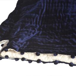 Velvet Comforter, Quilt, 100% Cotton Batting, Navy Ivory Blanket, Queen Quilt Bedspread, King Size With Pompom - thumbnail 3