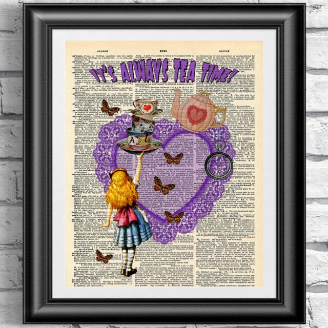 Alice in Wonderland Dictionary Book Page Print. Artwork It's Always Tea Time Printed On Vintage Page. Red Or Purple Heart Wall Hanging - image 1