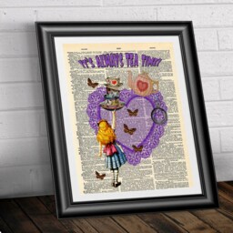Alice in Wonderland Dictionary Book Page Print. Artwork It's Always Tea Time Printed On Vintage Page. Red Or Purple Heart Wall Hanging - thumbnail 3