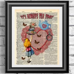 Alice in Wonderland Dictionary Book Page Print. Artwork It's Always Tea Time Printed On Vintage Page. Red Or Purple Heart Wall Hanging - thumbnail 2