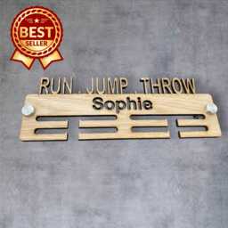 Run, Jump, Throw Medal Hanger - Wood Colours, Custom Name & Colour