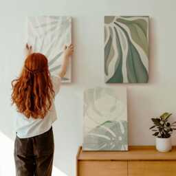 Canvas Art Set Of 3 - Plant Leaves in Shades Green & Gray, Wall Art, Plants Flowers Decor