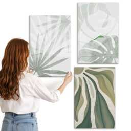 Canvas Art Set Of 3 - Plant Leaves in Shades Green & Gray, Wall Art, Plants Flowers Decor - thumbnail 3