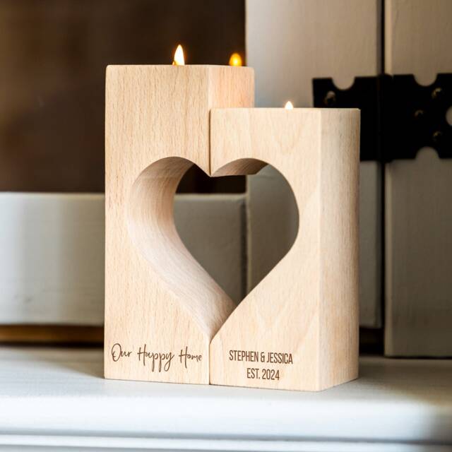 Personalised Wood Heart Candle Holder Set - New Home Gift Lc988 - image 1