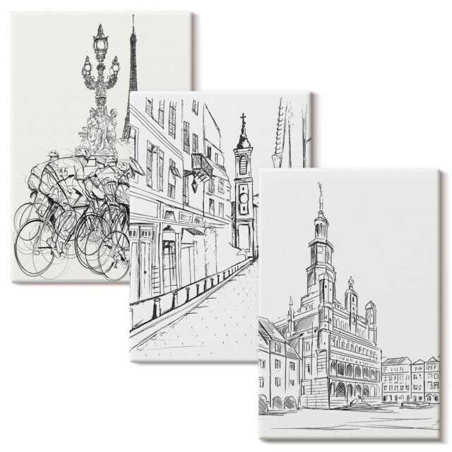 Canvas Wall Art Set Of 3 - Simple Drawings City Views, White Print, Travels Hanging Piece - image 1