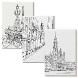 Canvas Wall Art Set Of 3 - Simple Drawings City Views, White Print, Travels Hanging Piece