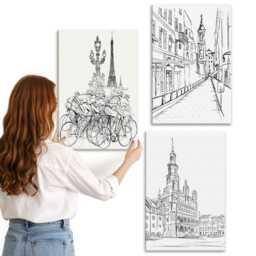 Canvas Wall Art Set Of 3 - Simple Drawings City Views, White Print, Travels Hanging Piece - thumbnail 2