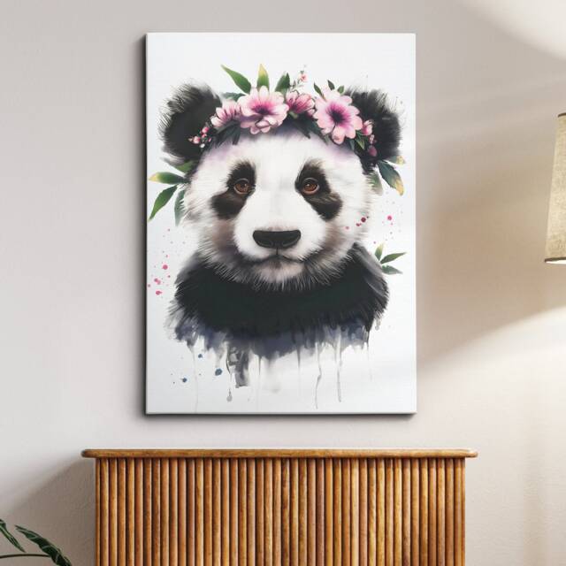 Panda Bear With Flower Tiara Painting Framed Poster Print & Canvas Wall Decor Art Bedroom Home Interior Gift For Dog Lover - image 1