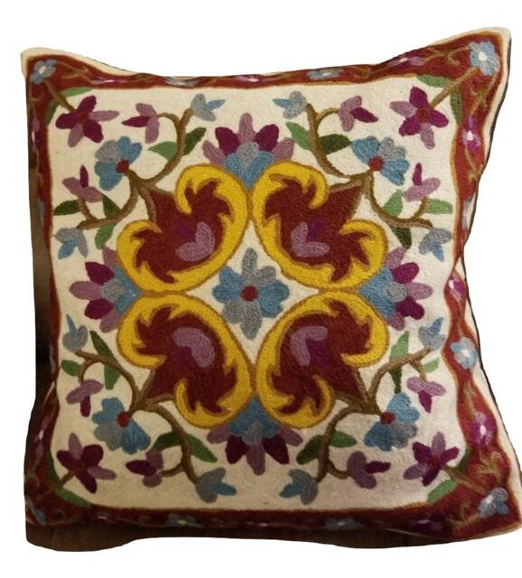 "Handmade Wool Embroidered Floral Cushion Cover White Maroon Mustard - 16""x16" - image 1