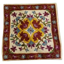 "Handmade Wool Embroidered Floral Cushion Cover White Maroon Mustard - 16""x16" - thumbnail 2
