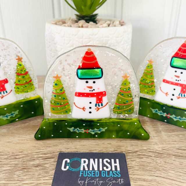 Festive Snowman Snowglobe Candle Holder Fused Glass Christmas Decoration - Cornish Fused Glass - image 1