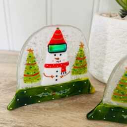 Festive Snowman Snowglobe Candle Holder Fused Glass Christmas Decoration - Cornish Fused Glass - thumbnail 4