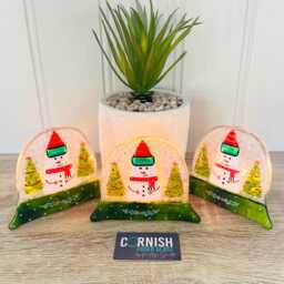 Festive Snowman Snowglobe Candle Holder Fused Glass Christmas Decoration - Cornish Fused Glass - thumbnail 2