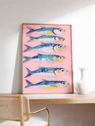 Sardines Print Vintage Poster Sardine Retro Wall Art Fish Print Colourful Kitchen - thumbnail 1