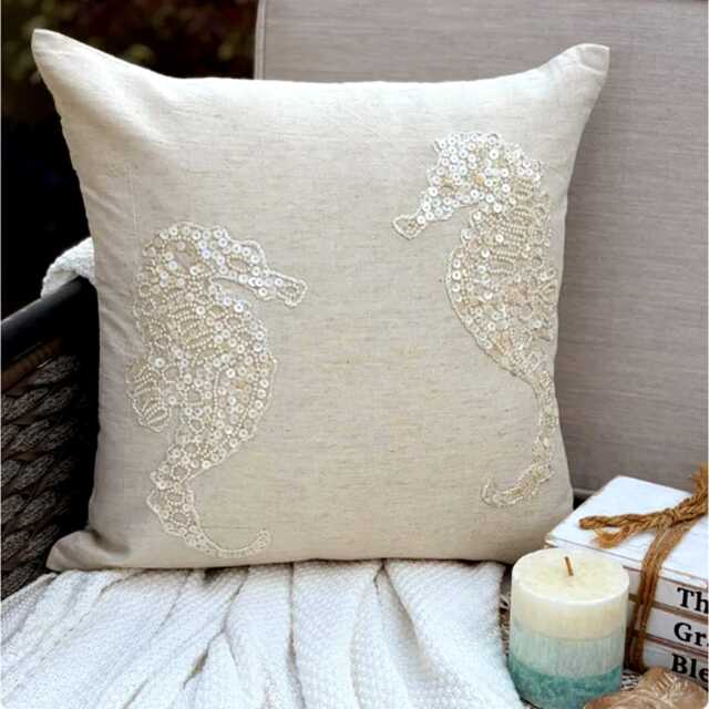 Cotton & Linen Mother Of Pearl Sea Creature Pattern Beige Pillow Sham, 24x24/26x26, Beach Style Euro Sham, Square Pillowcase-Sea Horse Pearls - image 1