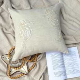 Cotton & Linen Mother Of Pearl Sea Creature Pattern Beige Pillow Sham, 24x24/26x26, Beach Style Euro Sham, Square Pillowcase-Sea Horse Pearls - thumbnail 2