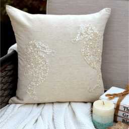 Cotton & Linen Mother Of Pearl Sea Creature Pattern Beige Pillow Sham, 24x24/26x26, Beach Style Euro Sham, Square Pillowcase-Sea Horse Pearls