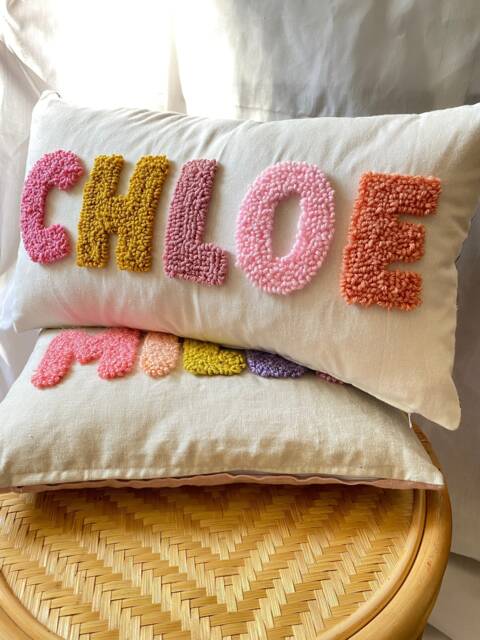 Personalised Punch Needle Decorative Cushion - Kids Room Decor Name Pillow Unique Baby Nursery Initial Decoration Gift - image 1
