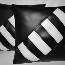 "2 Black & White Faux Leather Cushions Diagonal Cross 16"" 18" - thumbnail 2