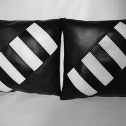"2 Black & White Faux Leather Cushions Diagonal Cross 16"" 18" - thumbnail 3