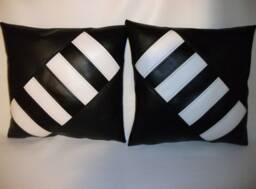 "2 Black & White Faux Leather Cushions Diagonal Cross 16"" 18"