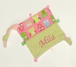 "Embroidered Cuddly Toy With Personalized Name ""Owl Pink Green"