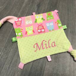 "Embroidered Cuddly Toy With Personalized Name ""Owl Pink Green" - thumbnail 2