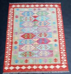 Multicolour Kilim Rug, Handmade Artisan Afghan Turkish Aztec Sheep Wool Rug 197x155 cm - thumbnail 1