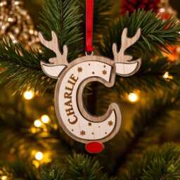 Personalised Wooden Reindeer Christmas Bauble - Kids Rudolph With Name & Initial First Stocking Filler - thumbnail 1