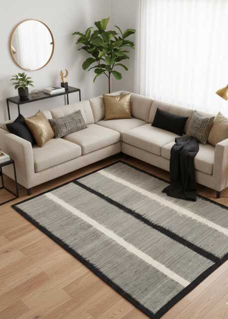 Handwoven Wool Kilim Rug Modern Black & Beige Flatweave Runner, Living Room Boho Minimalist Decor - image 1