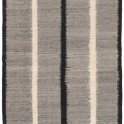 Handwoven Wool Kilim Rug Modern Black & Beige Flatweave Runner, Living Room Boho Minimalist Decor - thumbnail 2