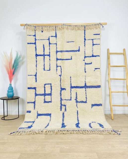 White Blue Geometric Rug - Large Area Handmade Berber Shag Modern Maze Pattern Custom Linear Wool Carpet - image 1