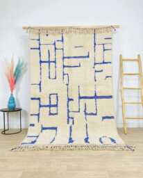 White Blue Geometric Rug - Large Area Handmade Berber Shag Modern Maze Pattern Custom Linear Wool Carpet - thumbnail 1