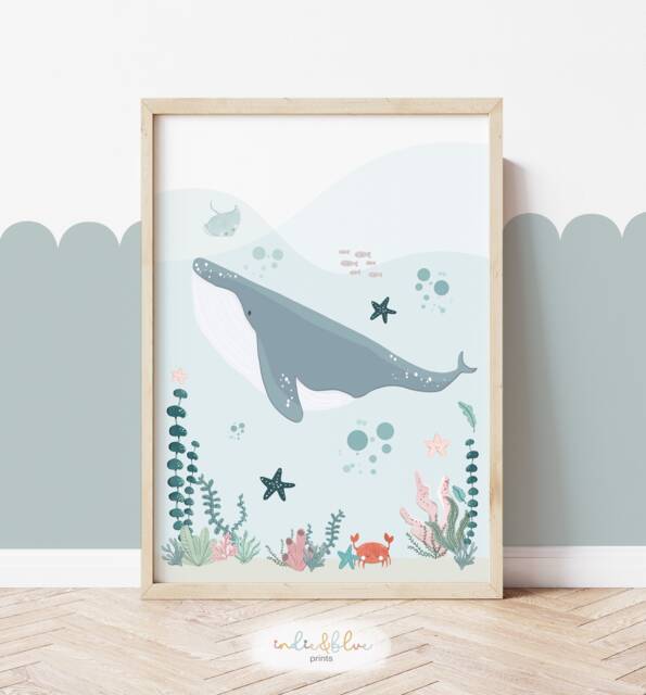 Whale Unframed Print, Under The Sea Nursery Ocean Animals, Scandi Nursery, Playroom Prints - image 1