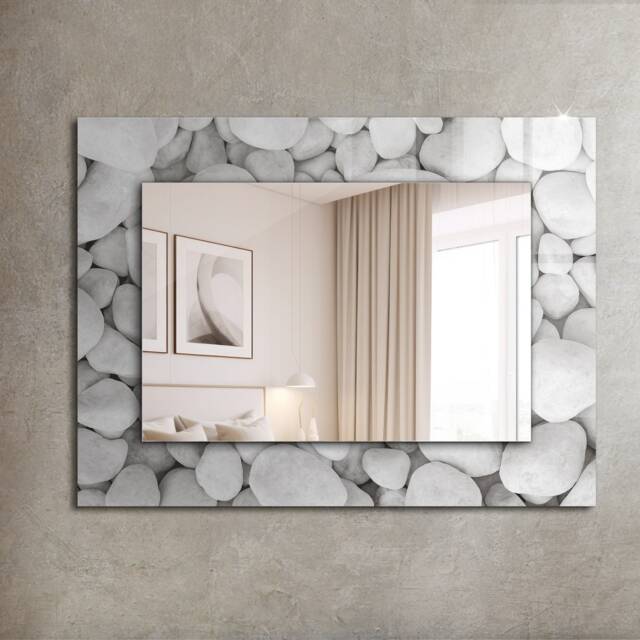 White Smooth Stones Mirror, Rectangular Mirror With Frame, Gray Wall Printed Decorative Bathroom - image 1