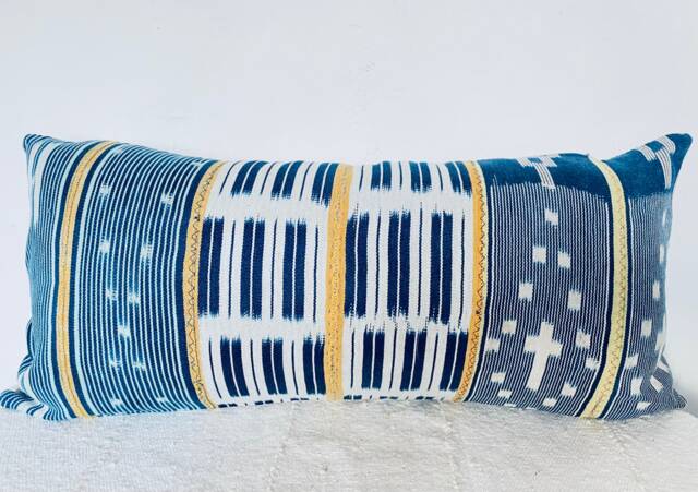 "Vintage/African Baule/ Fabric Handmade Denim Indigo /Lumbar Pillowcase Pillow Cover 12"" X 24" - image 1