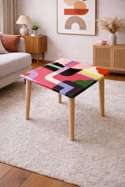 Colorful Abstract Resin Side Table, Painted Handmade Epoxy Retro Art - image 1