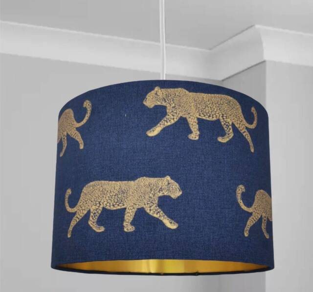 New Hq Luxury Walking Golden Leopard Pattern Lamp Shade Pendant Light On Teal & Royal Blue Fabric - image 1