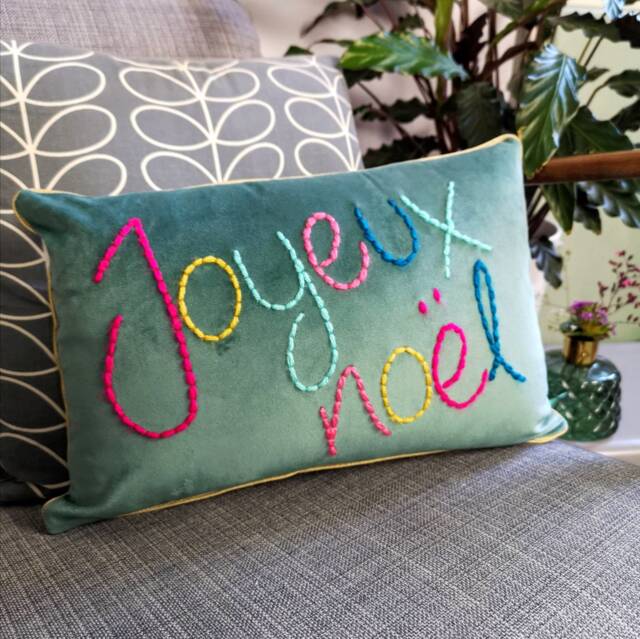 Joyeux Noel Embroidered Colourful Velvet Christmas Cushion - image 1
