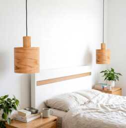 Oak Wood Bedside Pendant Lights Set Of 2 - Modern Bedroom Hanging Lamps - thumbnail 1