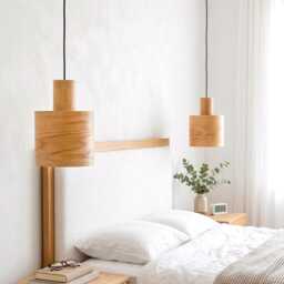 Oak Wood Bedside Pendant Lights Set Of 2 - Modern Bedroom Hanging Lamps - thumbnail 3
