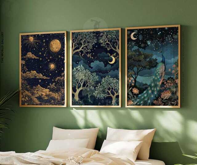 William Morris Set Of 3 Posters, Gold Decor, Print, Moon Poster, Night Sky Art, Botanical Floral Bedroom Art - image 1